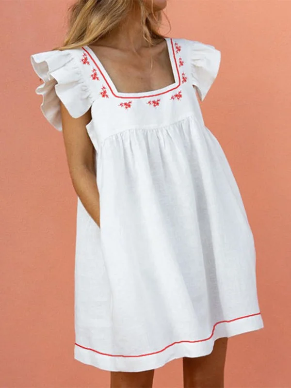Lotus Sleeve High Waist Casual Loose Print Mini Dress Chic Pleated Mini Dress