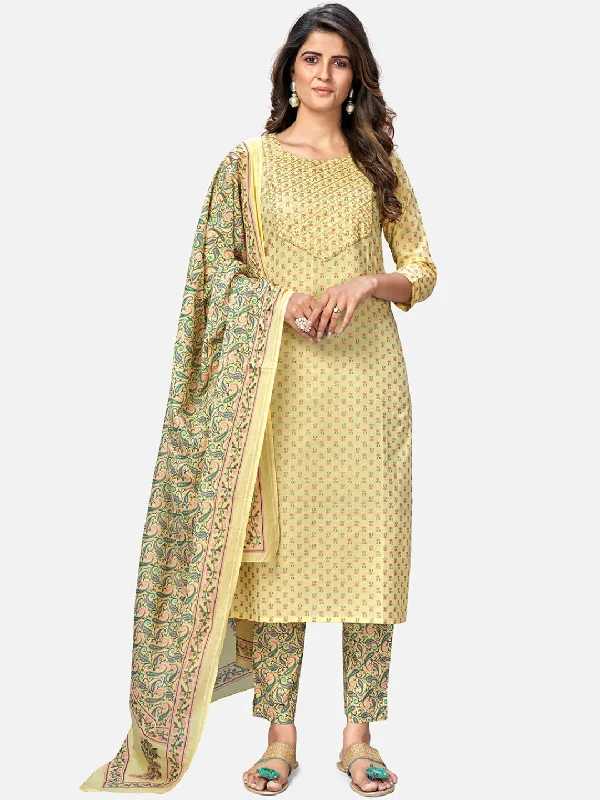 Women's Foil Print & Gota Patti Work Straight Cotton Yellow Kurta Pant With Dupatta  - Vbuyz Cozy Jogger Leggings