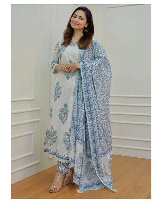 Women's Blue Printed Viscose Rayon Kurta, Pant And Dupatta Set - Alvami Comfortable Denim Leggings Women's Blue Printed Viscose Rayon Kurta, Pant And Dupatta Set - Alvami Comfortable Denim Leggings