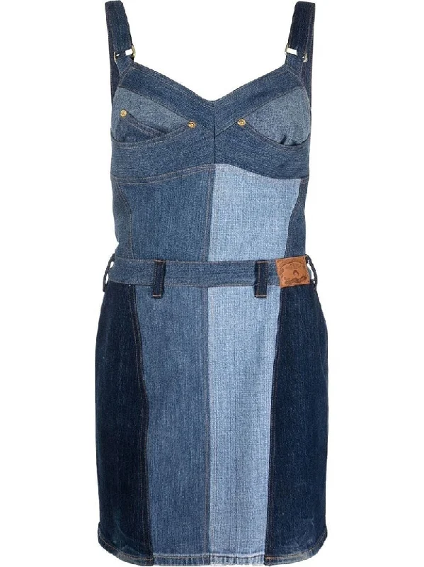 Marine Serre Patchwork Denim Mini Dress Medium Blue Stylish Ribbed Mini Dress