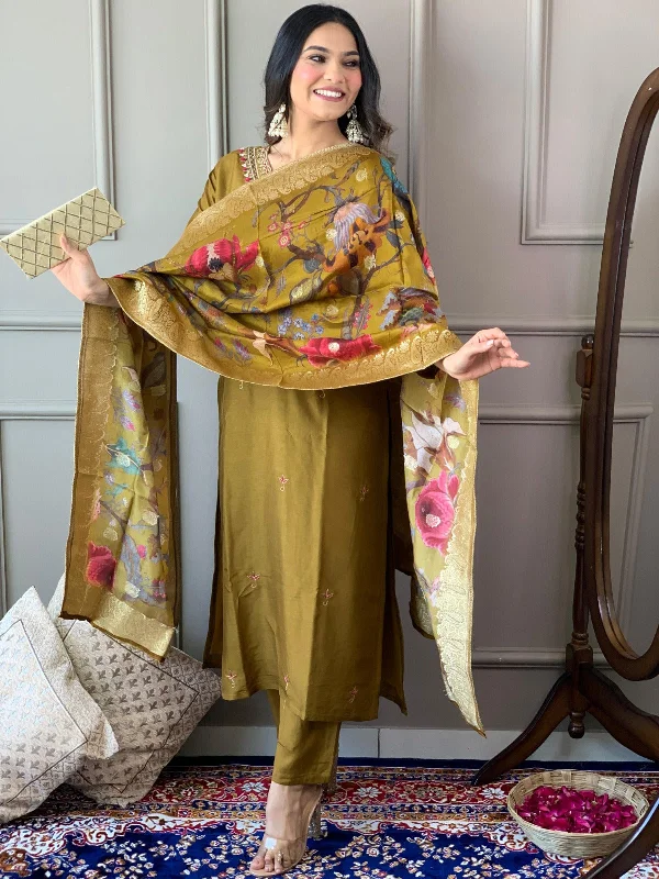 Women's Mustard Embroidery Kurta With Pant And Duppata Set - Dwija Fashion Casual Drawstring Pants Women's Mustard Embroidery Kurta With Pant And Duppata Set - Dwija Fashion Casual Drawstring Pants
