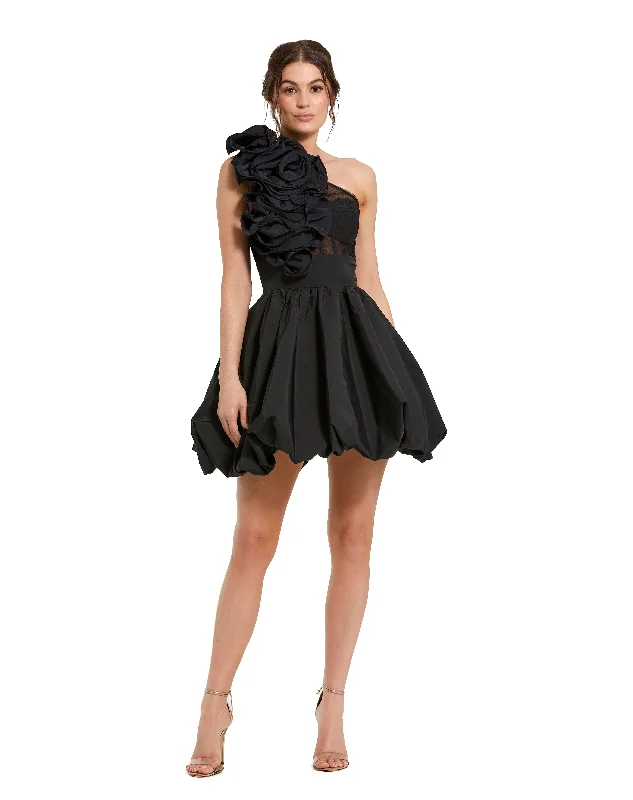 Taffeta One Shoulder Ruffle Bubble Mini Dress Elegant Silk Mini Dress