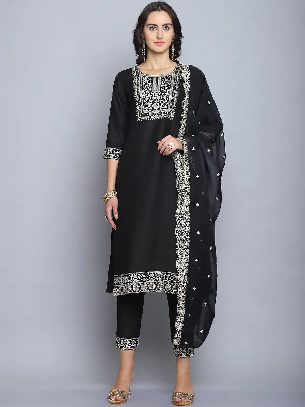 Women's Black Silk Embroidered Kurta And Pant Set With Dupatta - Alvami Formal Dress Pants Women's Black Silk Embroidered Kurta And Pant Set With Dupatta - Alvami Formal Dress Pants