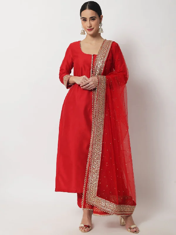Women's Bridal Queen Red Silk Kurti With Straight Pants And Bridal Dupatta - Anokherang Cozy Full-Length Pants Women's Bridal Queen Red Silk Kurti With Straight Pants And Bridal Dupatta - Anokherang Cozy Full-Length Pants