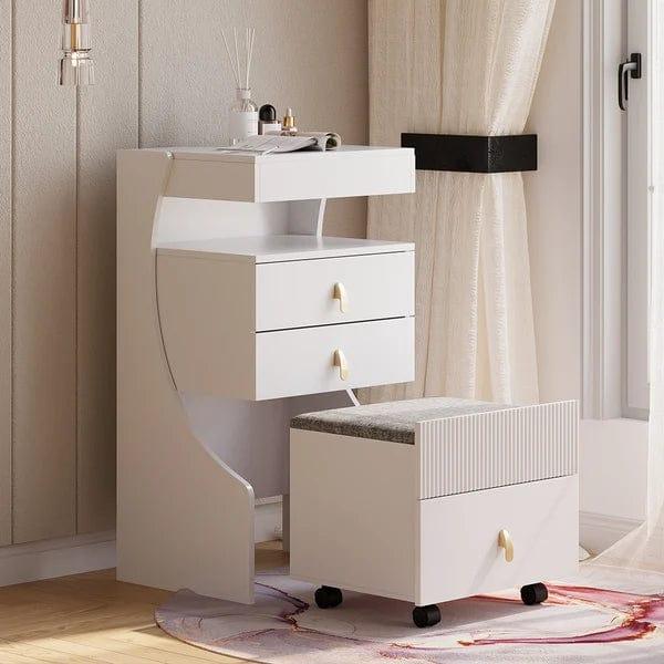 Constanza White Makeup Vanity Set Mini Dressing Table with Stool & Miroor, Wooden Vanity Table Set, Makeup Dressing Table with Mirror, 3 Drawers and Stool for Bedroom, White Cozy Satin Mini Dress Constanza White Makeup Vanity Set Mini Dressing Table with Stool & Miroor, Wooden Vanity Table Set, Makeup Dressing Table with Mirror, 3 Drawers and Stool for Bedroom, White Cozy Satin Mini Dress