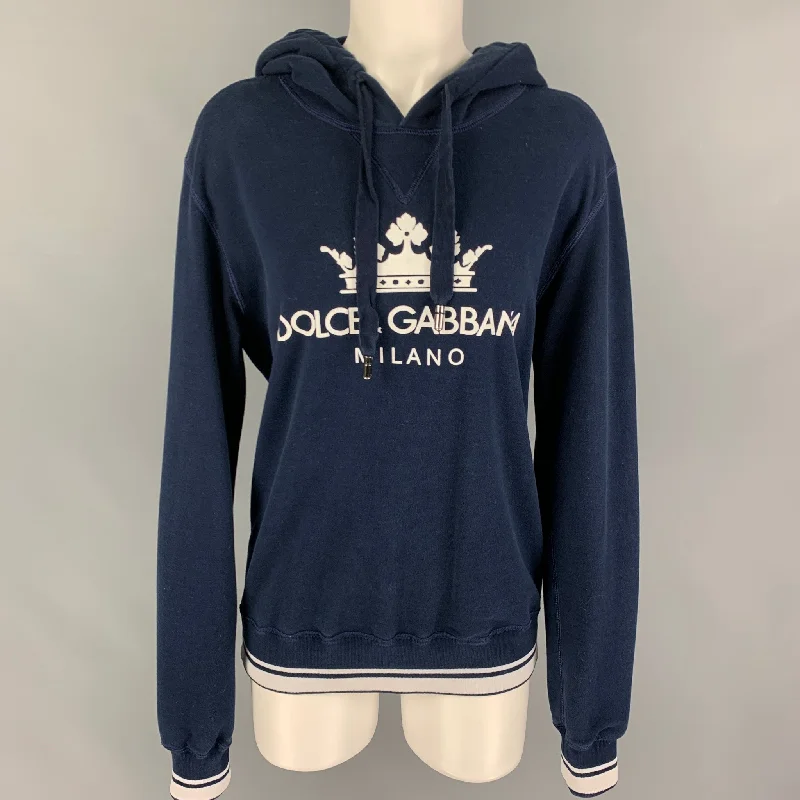 DOLCE & GABBANA Size 8 Navy White Cotton Polyester Logo Hoodie Hoodie with Front Slit Layering Stylish DOLCE & GABBANA Size 8 Navy White Cotton Polyester Logo Hoodie Hoodie with Front Slit Layering Stylish