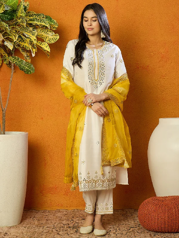 Women's White Silk Blend Embroidered Straight Kurta Pant Set With Dupatta - Ahika Casual Plaid Pants Women's White Silk Blend Embroidered Straight Kurta Pant Set With Dupatta - Ahika Casual Plaid Pants