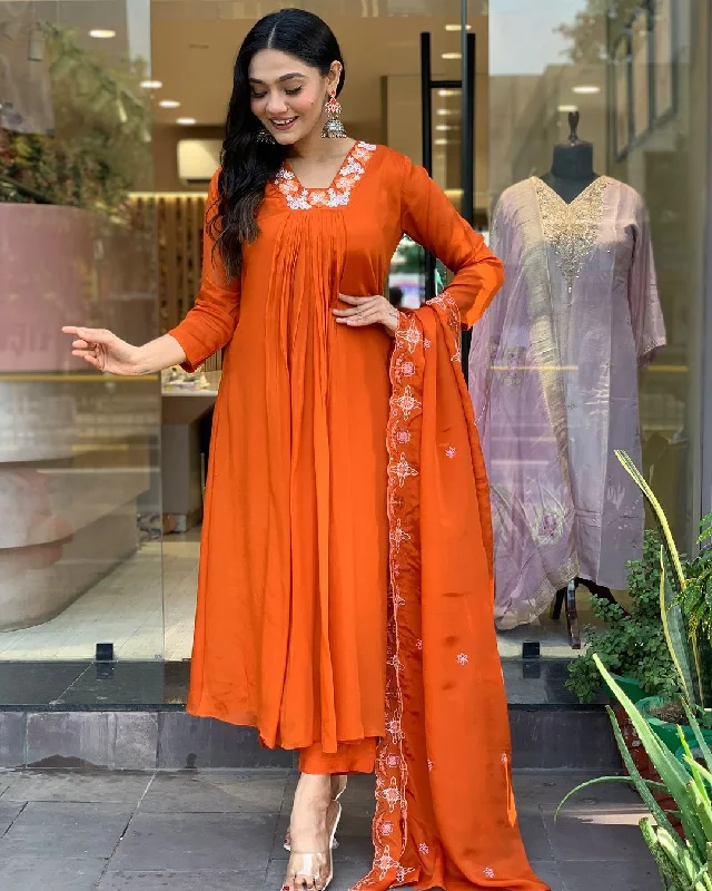 Women's Silk Chiffon Fabric Work Straight Cut Kurta, Pant And Dupatta Set - The52 Classic Cropped Pants Women's Silk Chiffon Fabric Work Straight Cut Kurta, Pant And Dupatta Set - The52 Classic Cropped Pants