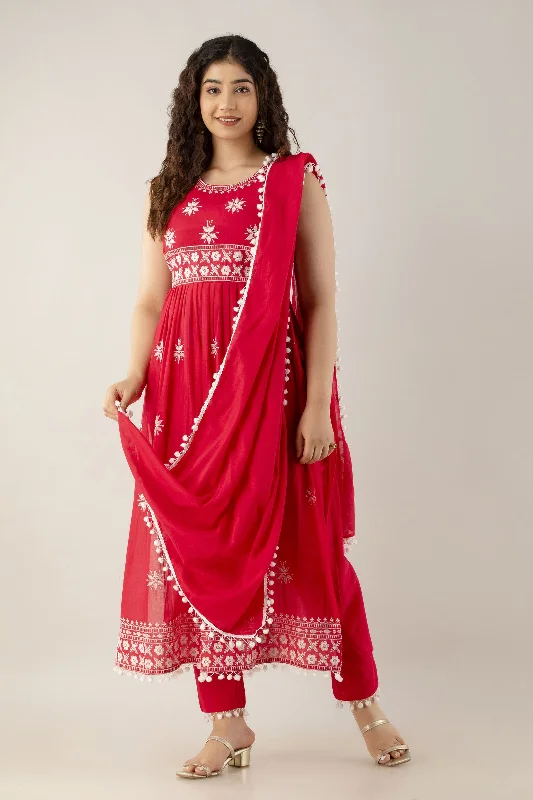 Women's Embroidered Cotton Naira Cut Kurta Pant & Dupatta Set (Rani) - Charu Wide-Legged Palazzos Women's Embroidered Cotton Naira Cut Kurta Pant & Dupatta Set (Rani) - Charu Wide-Legged Palazzos