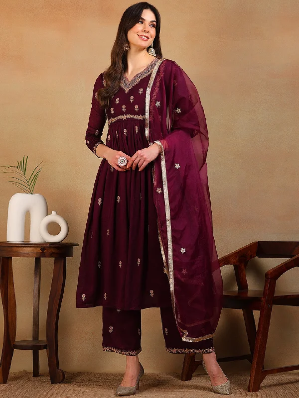 Women's Purple Silk Blend Embroidered A-Line Kurta Pant Set With Dupatta - Ahika Slim-Fit Khaki Pants Women's Purple Silk Blend Embroidered A-Line Kurta Pant Set With Dupatta - Ahika Slim-Fit Khaki Pants