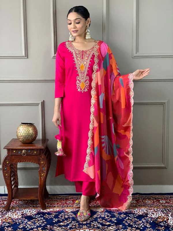 Women's Viscose Silk Fabric Work Straight Cut Kurta, Pant And Dupatta Set - The52 Soft Stretch Pants