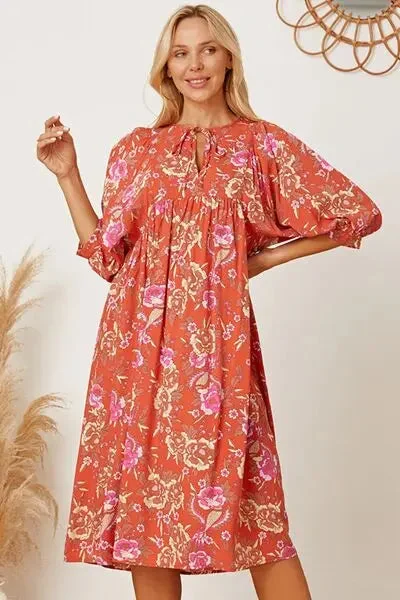 Blue Zone Planet |  Floral Tie Neck Half Sleeve Dress Crew Neckline Sporty