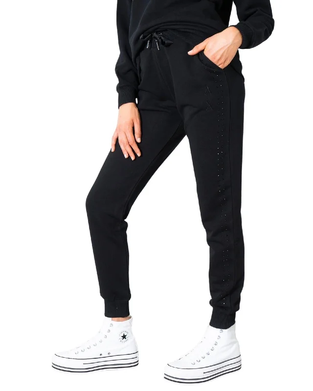 Armani Exchange AX Women's Black Jogger Pants with Rhinestone Embellishment Comfortable Cargo Pants Armani Exchange AX Women's Black Jogger Pants with Rhinestone Embellishment Comfortable Cargo Pants