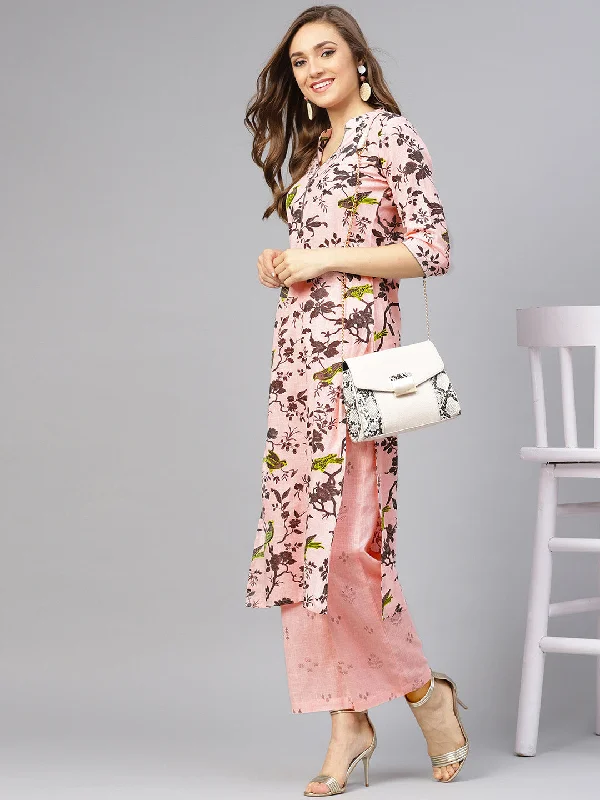 Women's Grey Print Kurta With Baby Pink Printed Palazzo Pants - Idalia Elegant Trouser Pants Women's Grey Print Kurta With Baby Pink Printed Palazzo Pants - Idalia Elegant Trouser Pants