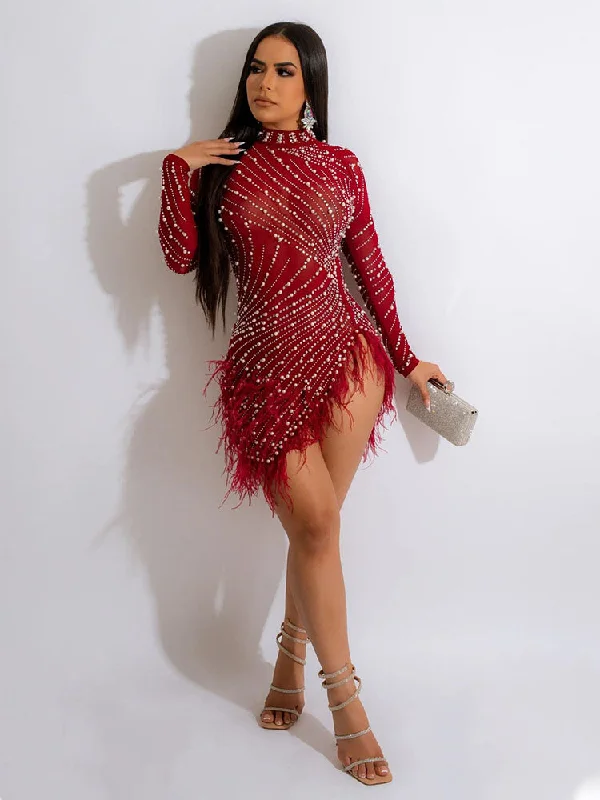 Mesh Mock Neck Hot Drilling Fuzzy Hem Mini Dresses Stylish Plaid Mini Dress