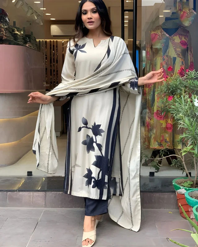 Women's Floral Printed Muslin Fabric Straight Kurta, Pant And Dupatta Set - The52 Cozy Lounge Pants