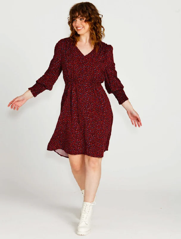 Candice V Neck Mini Dress - Wine Animal Cozy A-Line Mini Dress