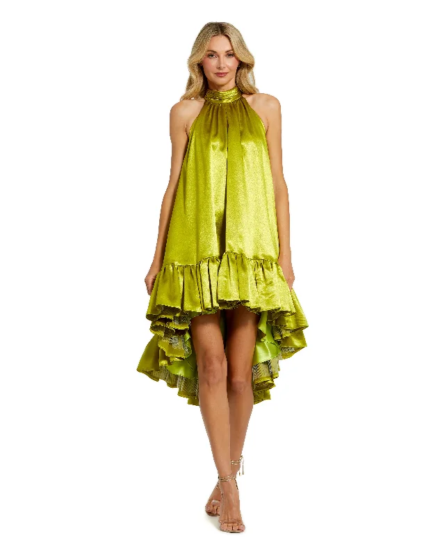Green High Neck Satin Mini Dress With Keyhole Fashionable Button-Front Mini Dress