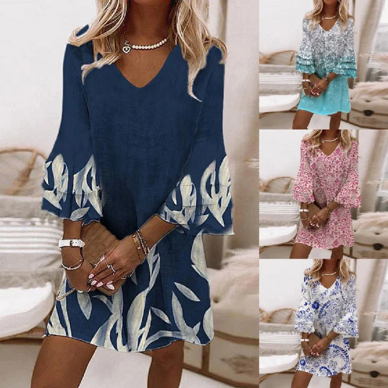 New Fresh Print V-Neck Mini Dress Classic Shift Mini Dress