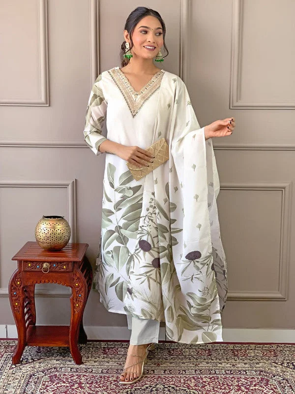 Women's Embroidered  French Crepe With Cotton Lining Kurta Pant Set With Dupata - Malishka Export Cozy Lounge Pants