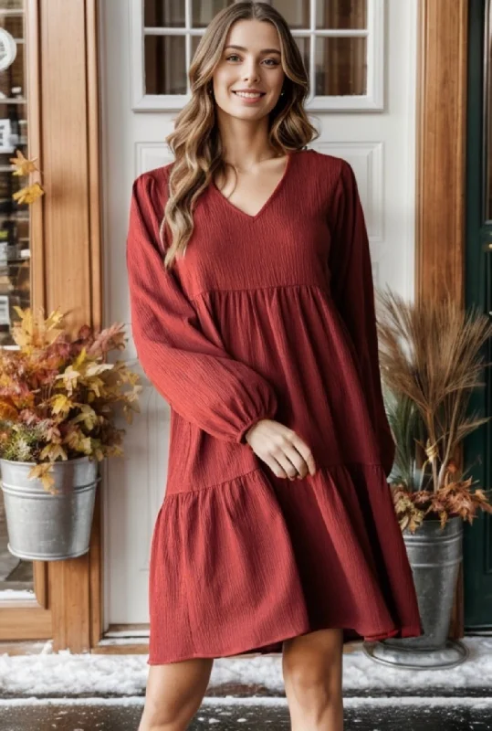 Cinnamon Puff Sleeve Tiered Dress Tunics Stylish elegant