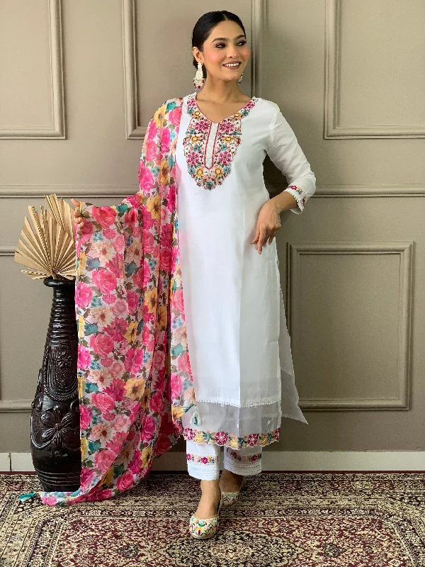 Women's White Woven Embroidered Chanderi Fabric Straight Kurta, Pant And Dupatta Set - The52 Chic Wool Trousers Women's White Woven Embroidered Chanderi Fabric Straight Kurta, Pant And Dupatta Set - The52 Chic Wool Trousers