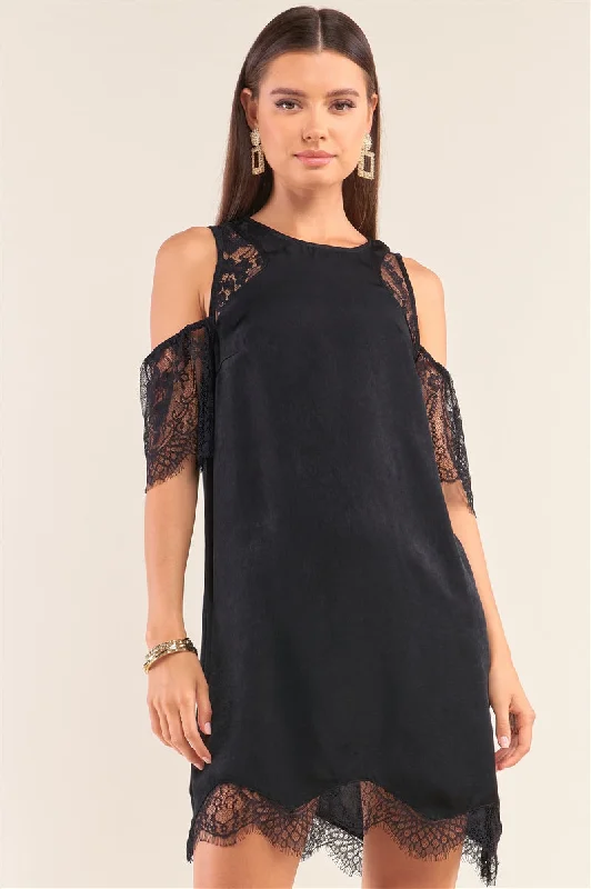 Black Cold Shoulder Lace Trim Back Button Up Mini Dress Trendy Floral Mini Dress