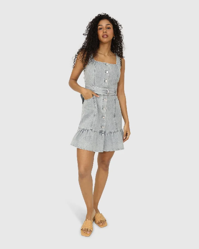 Reunite Denim Mini Dress - Stonewash Trendy Camisole Mini Dress