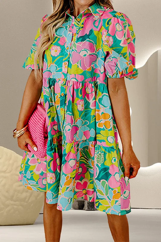 Adalyn Printed Collared Neck Puff Sleeve Mini Dress Stylish Ruffle Mini Dress