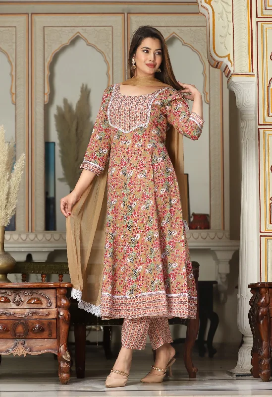 Women's Anarkali Rayon Printed Embroidered Kurta With Pants And Dupatta  - Singni Classic Cropped Pants