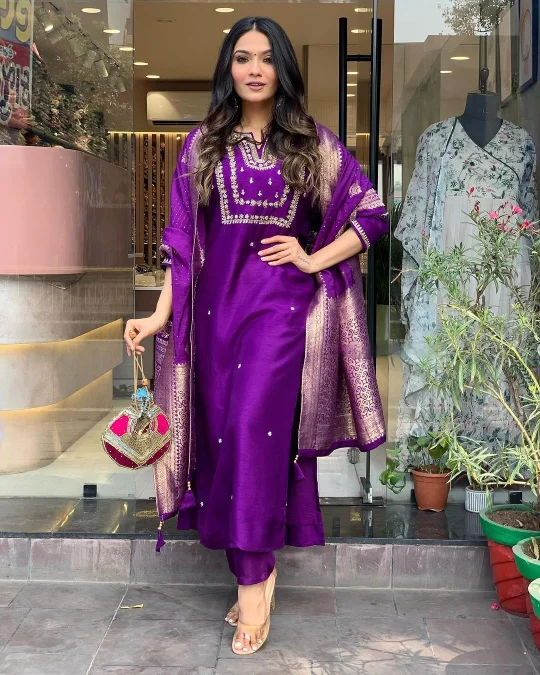 Women's Purple Viscose Chanderi Heavy Embroidery Work Kurta With Pant And Duppata Set - Dwija Fashion Comfortable Denim Trousers Women's Purple Viscose Chanderi Heavy Embroidery Work Kurta With Pant And Duppata Set - Dwija Fashion Comfortable Denim Trousers