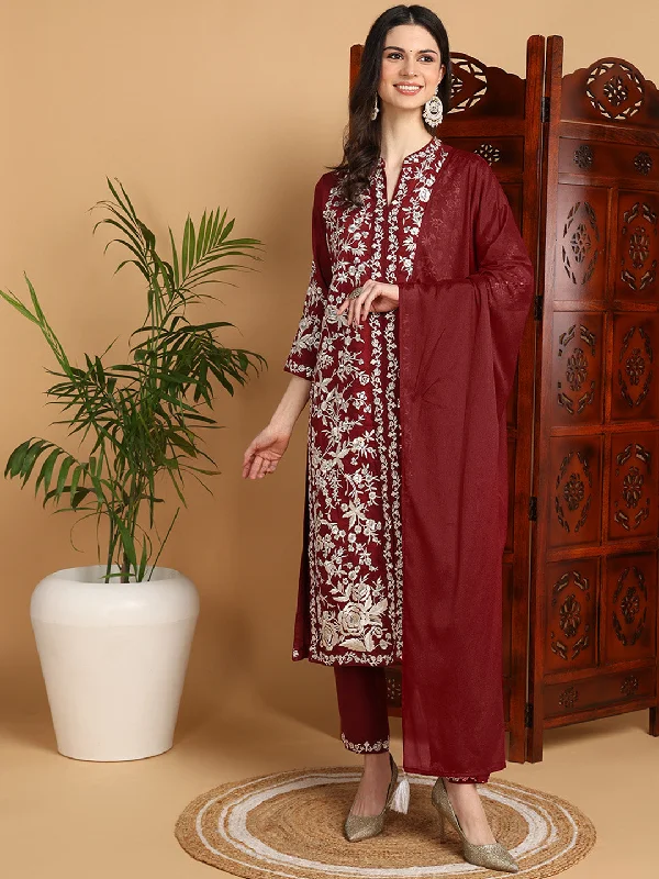 Women's Maroon Silk Blend Embroidered Straight Kurta Pant Set With Dupatta - Ahika Classic Straight Pants Women's Maroon Silk Blend Embroidered Straight Kurta Pant Set With Dupatta - Ahika Classic Straight Pants