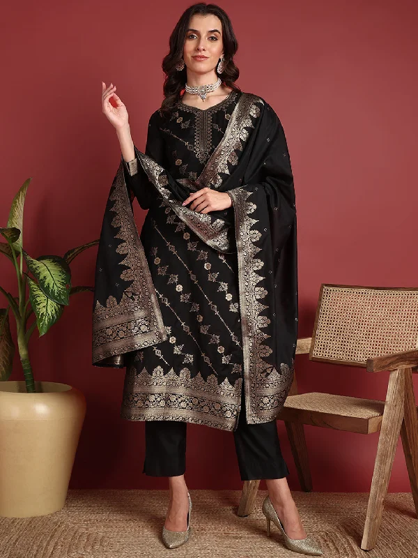 Women's Black Silk Blend Woven Design Straight Kurta Pant Set With Dupatta - Ahika Slim-Fit Khaki Pants Women's Black Silk Blend Woven Design Straight Kurta Pant Set With Dupatta - Ahika Slim-Fit Khaki Pants