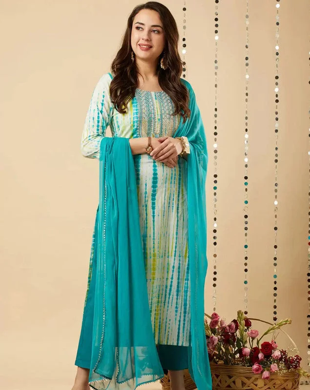 Women's Sky Blue Viscose Cotton Leheriya Printed & Embroidery Kurta Pant Set With Dupatta - Malishka Export Trendy Velvet Pants Women's Sky Blue Viscose Cotton Leheriya Printed & Embroidery Kurta Pant Set With Dupatta - Malishka Export Trendy Velvet Pants