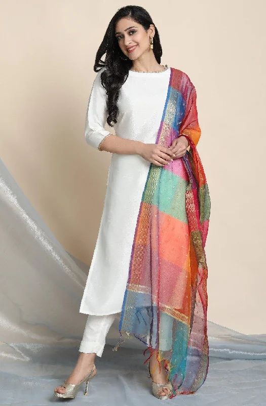 Women's Off-White Poly Silk Kurta With Pant And Dupatta-Janasya Stylish Harem Pants