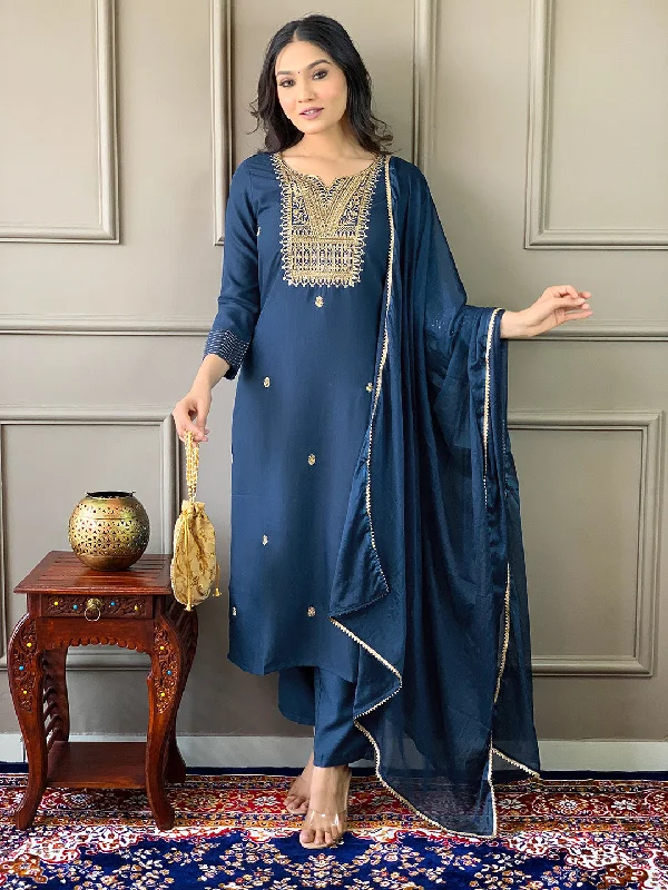 Women's Blue Rayon Slub Embroidery Work Kurta With Pant And Duppata Set - Dwija Fashion Comfortable Jogger Trousers Women's Blue Rayon Slub Embroidery Work Kurta With Pant And Duppata Set - Dwija Fashion Comfortable Jogger Trousers