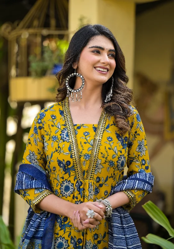 Women's Yellow And Blue Printed Viscose Rayon Kurta, Pant And Dupatta Set - Alvami Elegant Palazzo Trousers Women's Yellow And Blue Printed Viscose Rayon Kurta, Pant And Dupatta Set - Alvami Elegant Palazzo Trousers