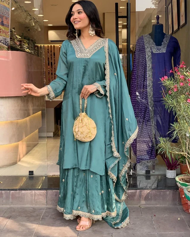 Women's Rama Embroidery Kurta With Pant And Duppata Set - Dwija Fashion Formal Wide-Leg Pants