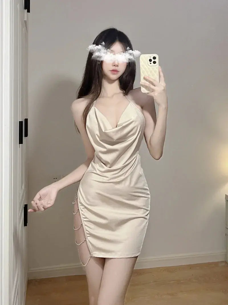Halter Chained Slit Mini Dress Classic White Mini Dress