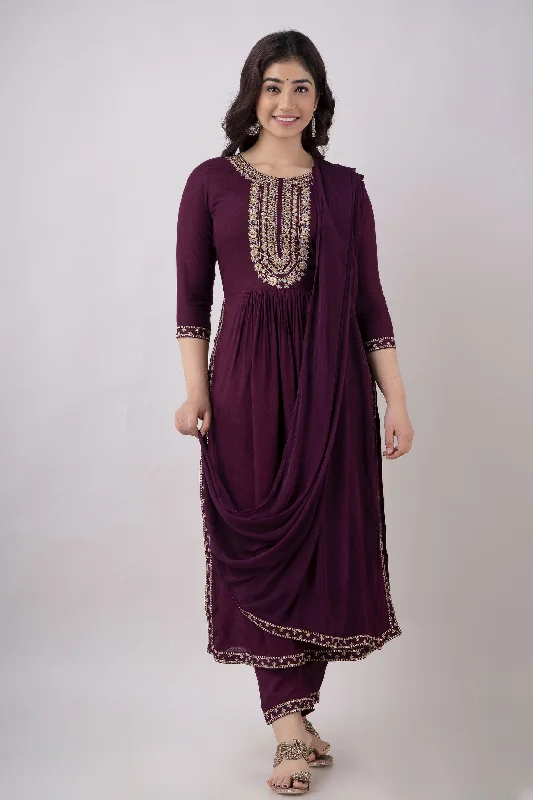 Women's Embroidered Viscose Rayon Naira Cut Kurta Pant & Dupatta Set (Voilet) - Charu Modern Stretch Trousers
