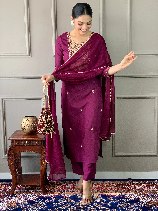 Women's Wine Rayon Slub Embroidery Work Kurta With Pant And Duppata Set - Dwija Fashion Casual Track Pants Women's Wine Rayon Slub Embroidery Work Kurta With Pant And Duppata Set - Dwija Fashion Casual Track Pants
