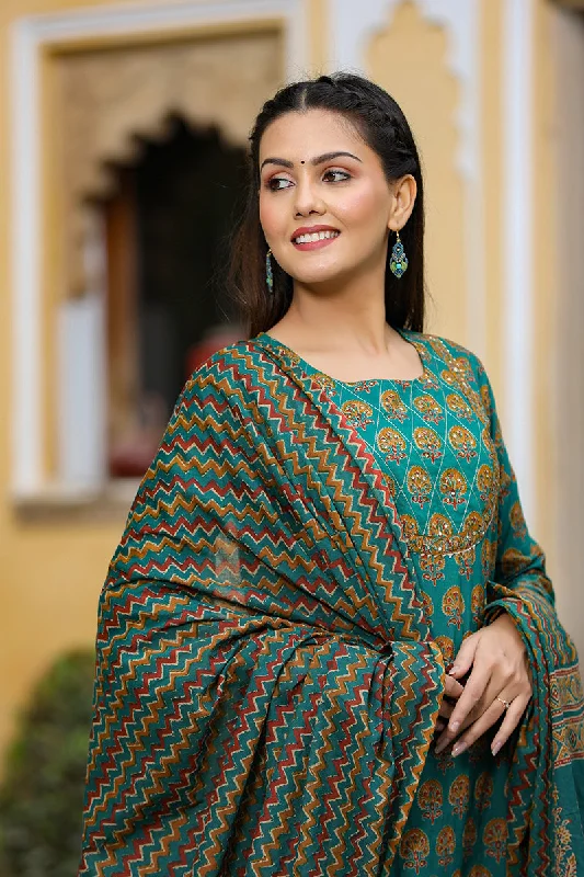 Women's Teal Green Mustard Yellow Printed Cotton Blend Kurta With Pants Dupatta - Ahika Casual Lounge Pants Women's Teal Green Mustard Yellow Printed Cotton Blend Kurta With Pants Dupatta - Ahika Casual Lounge Pants