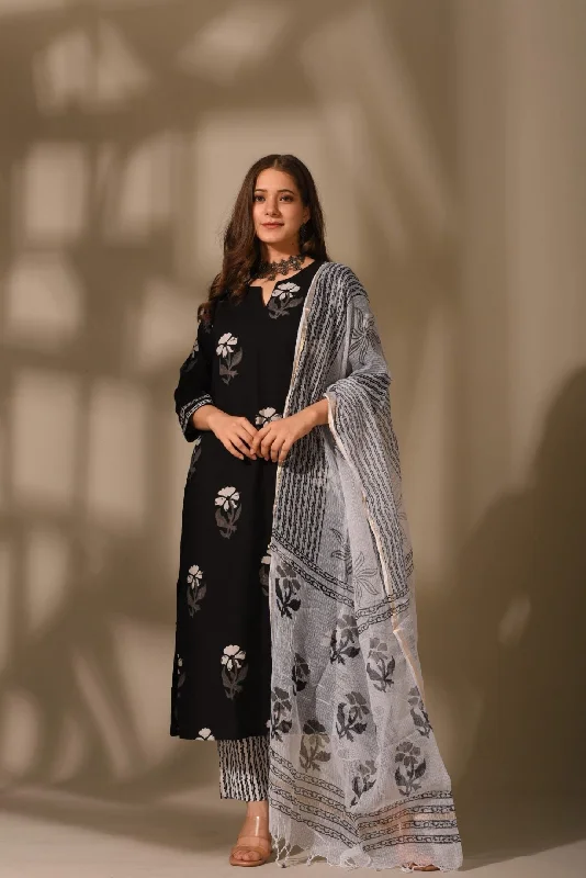 Women's Cotton Floral Printed Black Kurta Pant Set With Dupatta - Malishka Export Soft Stretch Pants Women's Cotton Floral Printed Black Kurta Pant Set With Dupatta - Malishka Export Soft Stretch Pants