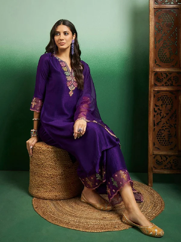 Women's Purple Chanderi Embroidery Work Kurta With Pant And Duppata Set - Dwija Fashion Casual Plaid Pants Women's Purple Chanderi Embroidery Work Kurta With Pant And Duppata Set - Dwija Fashion Casual Plaid Pants