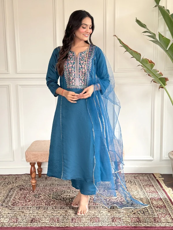 Women's Petrol Green Embroidery Kurta With Pant And Duppata Set - Dwija Fashion Casual Wide Pants Women's Petrol Green Embroidery Kurta With Pant And Duppata Set - Dwija Fashion Casual Wide Pants