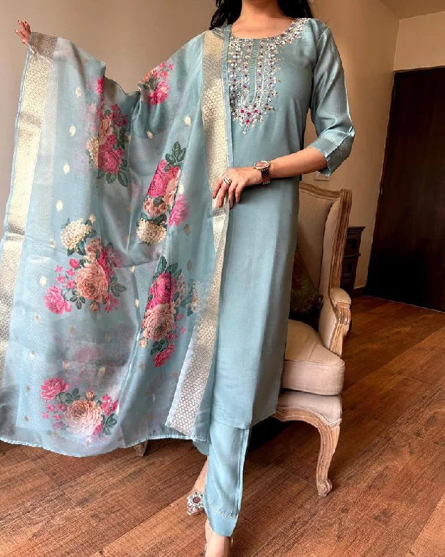Women's Petrol Green Viscose Chanderi Embroidery Worked Kurta With Pant And Duppata Set - Dwija Fashion Warm Wool Trousers Women's Petrol Green Viscose Chanderi Embroidery Worked Kurta With Pant And Duppata Set - Dwija Fashion Warm Wool Trousers