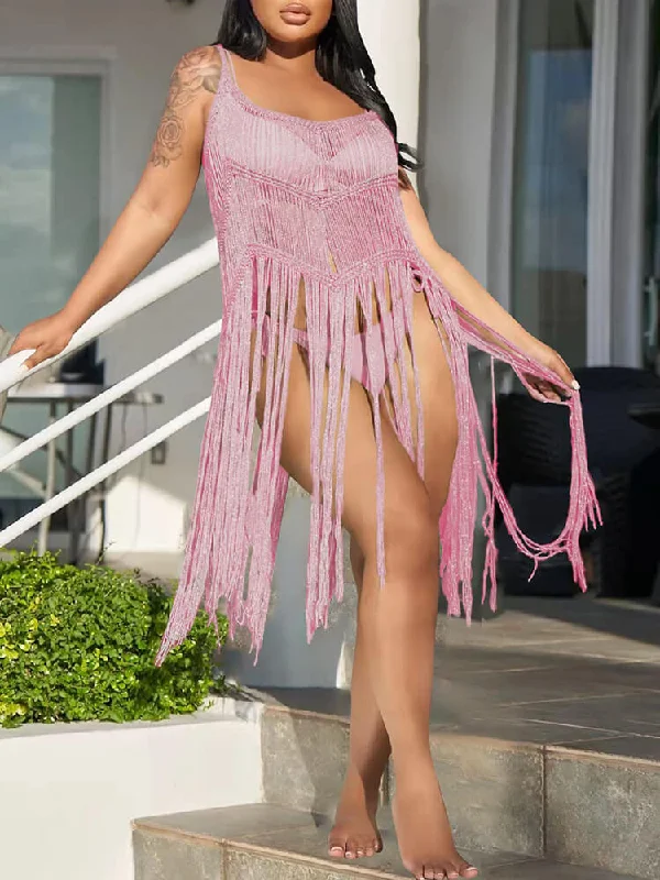 Glitter Sleeveless Crochet Tassel Cover Ups Mini Dresses Comfortable Ruffle Mini Dress