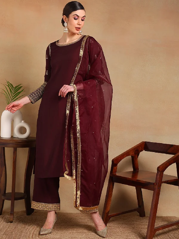 Women's Burgundy Silk Blend Embroidered Straight Kurta Pant Set With Dupatta - Ahika Soft Stretch Trousers Women's Burgundy Silk Blend Embroidered Straight Kurta Pant Set With Dupatta - Ahika Soft Stretch Trousers
