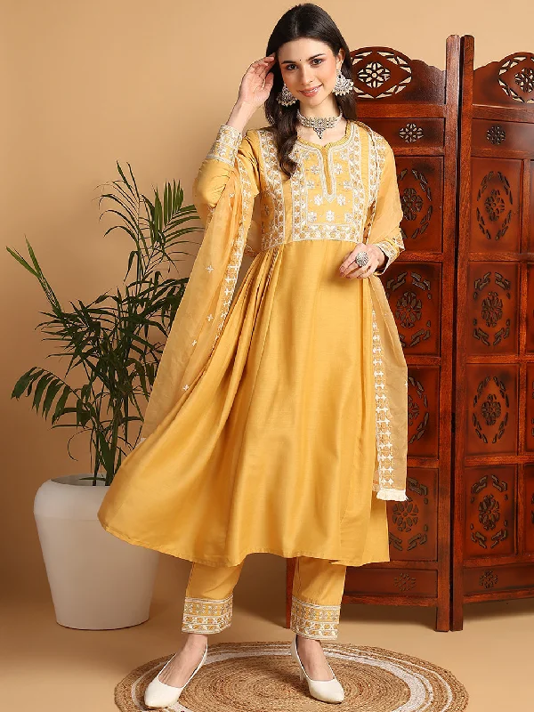 Women's Yellow Silk Blend Embroidered A-Line Kurta Pant Set With Dupatta - Ahika Elegant Dress Pants Women's Yellow Silk Blend Embroidered A-Line Kurta Pant Set With Dupatta - Ahika Elegant Dress Pants