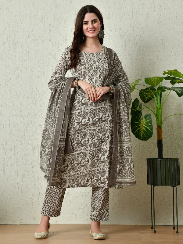 Grey Printed Kurta Pant With Dupatta Set - Rasiya Fashionable Tapered Leg Pants